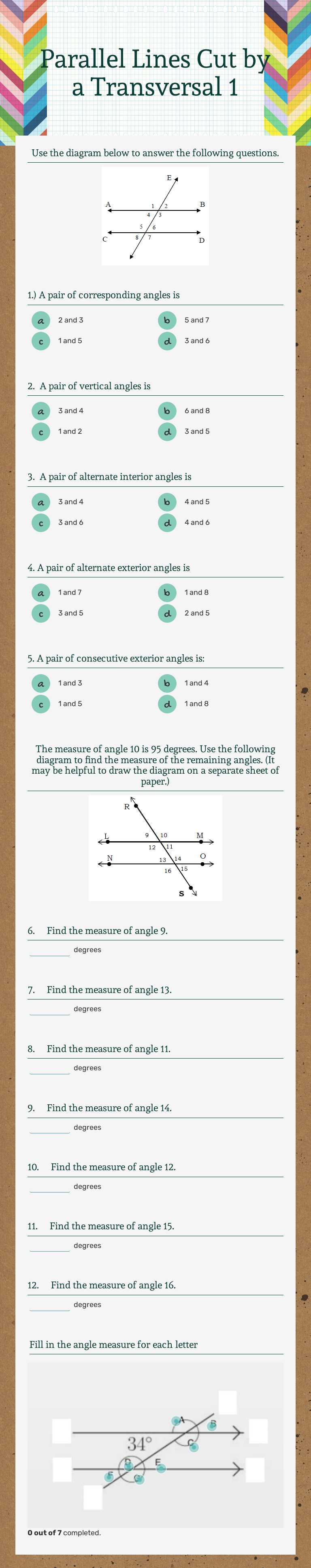Parallel Lines Cut by a Transversal 1 worksheet preview image