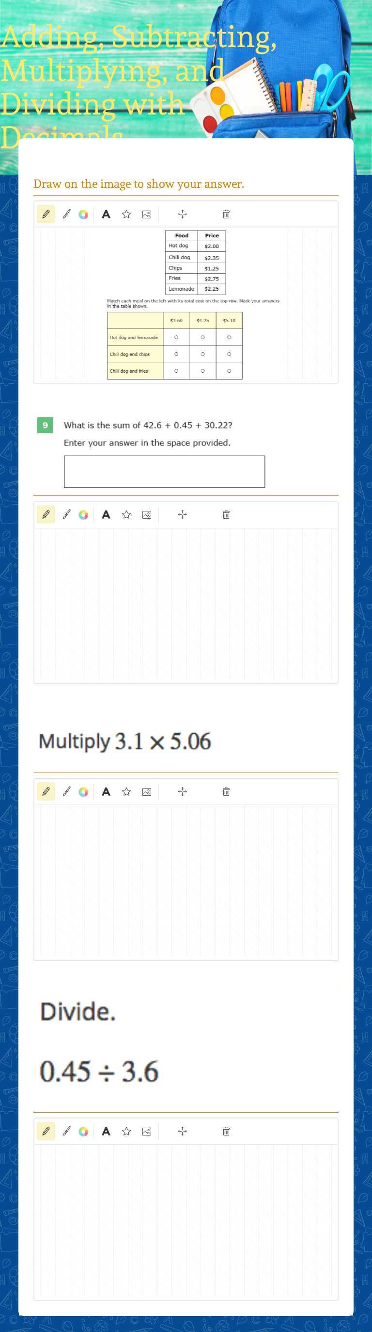 Adding, Subtracting, Multiplying, and Dividing with Decimals worksheet preview image