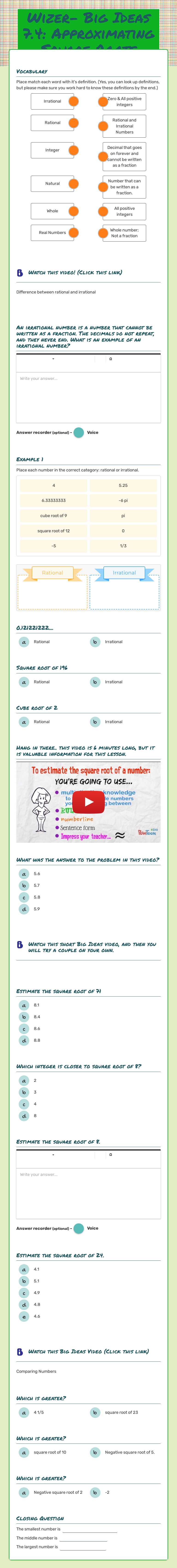 Wizer- Big Ideas 7.4: Approximating Square Roots Grade 8 worksheet preview