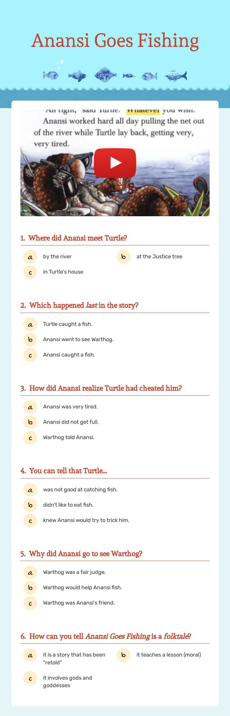 Anansi Goes Fishing worksheet preview image