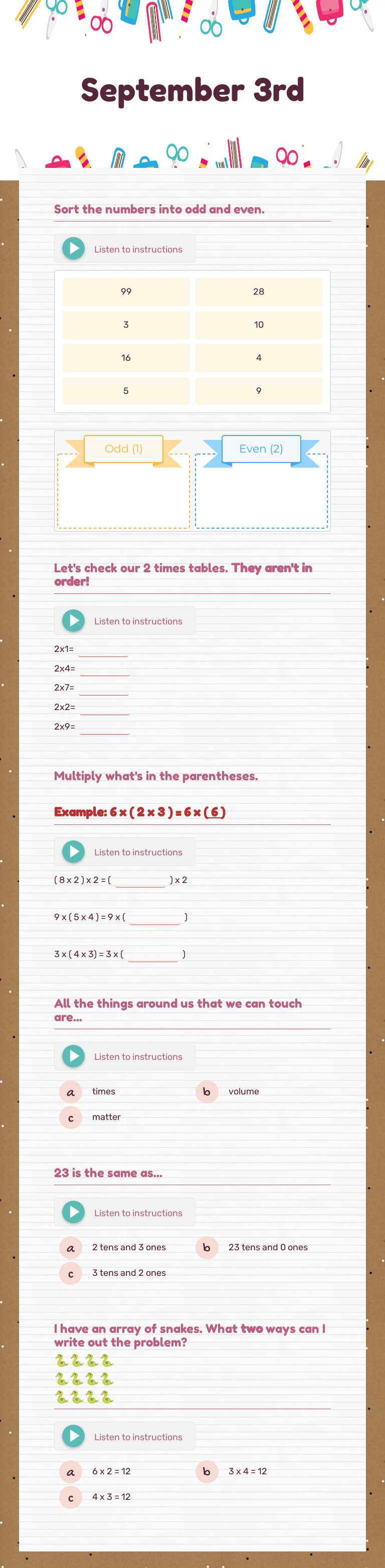 September 3rd Grade 3 worksheet preview