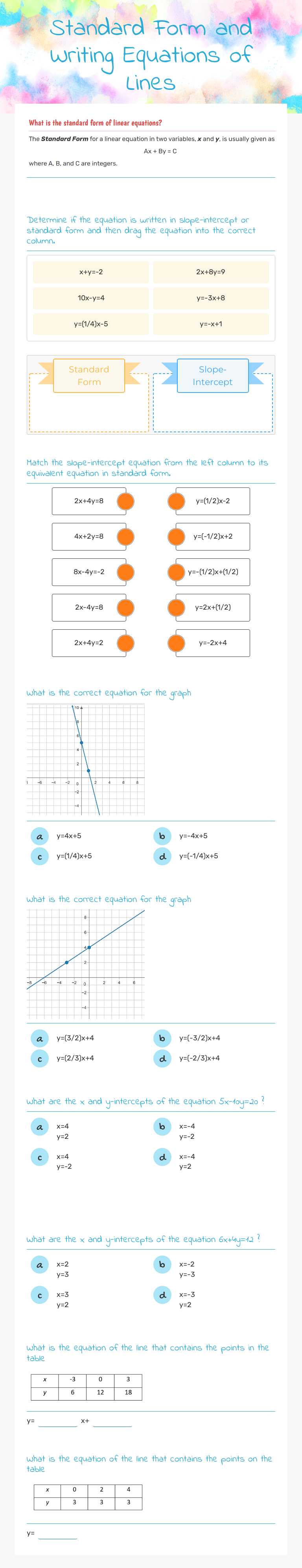 Standard Form and  Writing Equations of Lines worksheet preview image