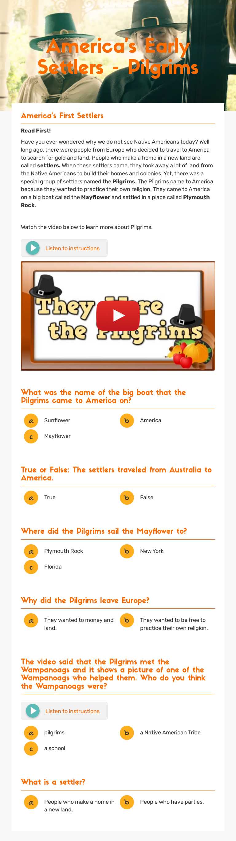 America's Early Settlers - Pilgrims Grade 2 worksheet preview