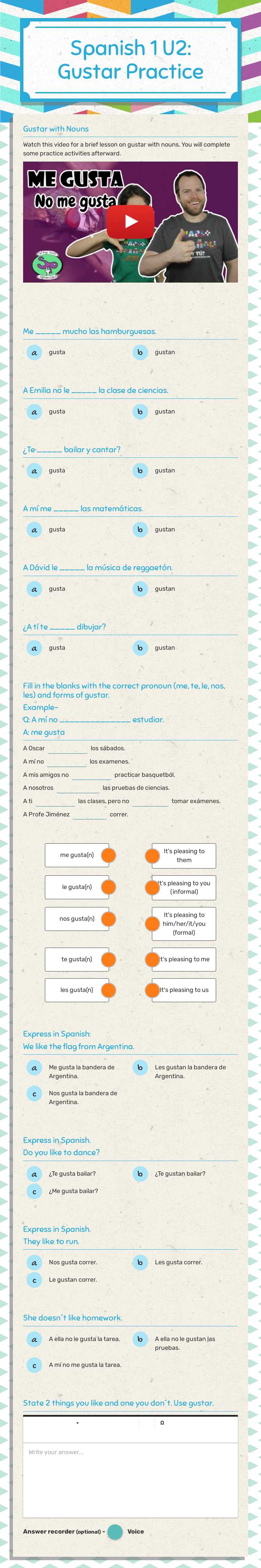 Spanish 1 U2: Gustar Practice Grade 7 worksheet preview