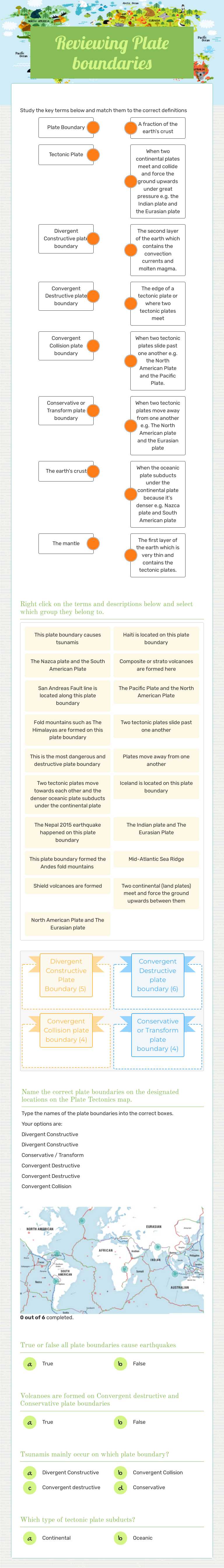 Reviewing Plate boundaries worksheet preview image