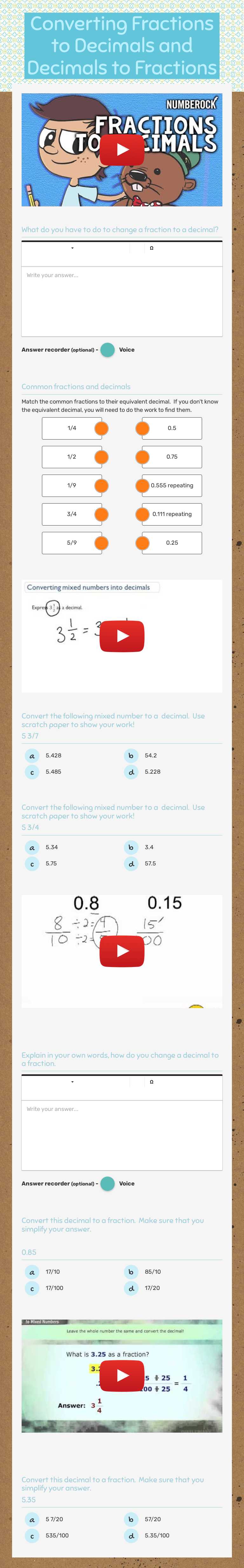 Converting Fractions to Decimals and Decimals to Fractions worksheet preview image