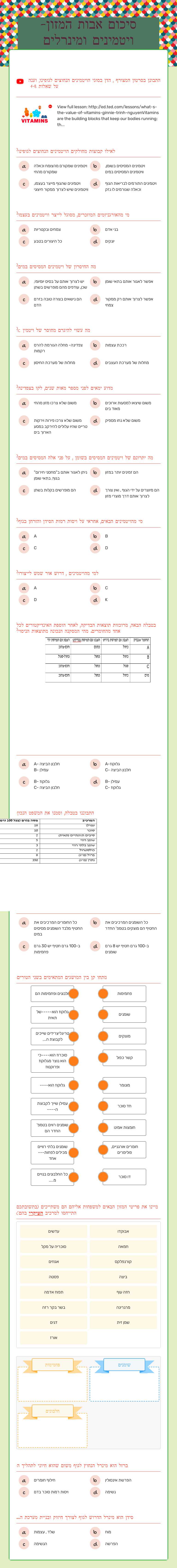 סיכום אבות המזון- ויטמינים ומינרלים worksheet preview image