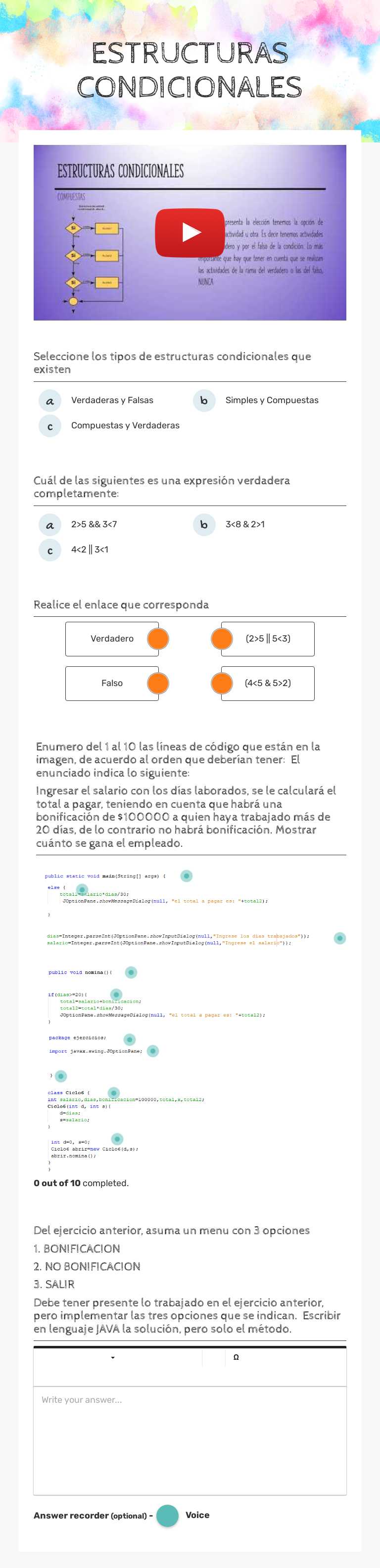 ESTRUCTURAS CONDICIONALES worksheet preview image