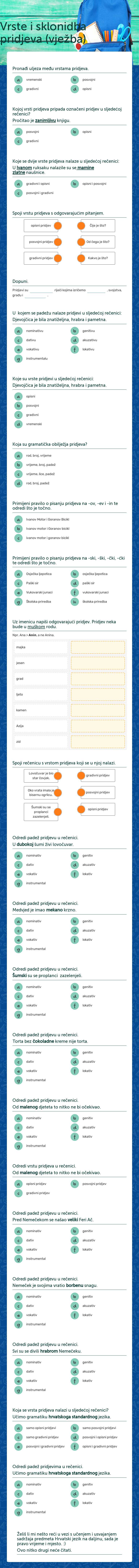 Vrste i sklonidba pridjeva (vježba) worksheet preview image