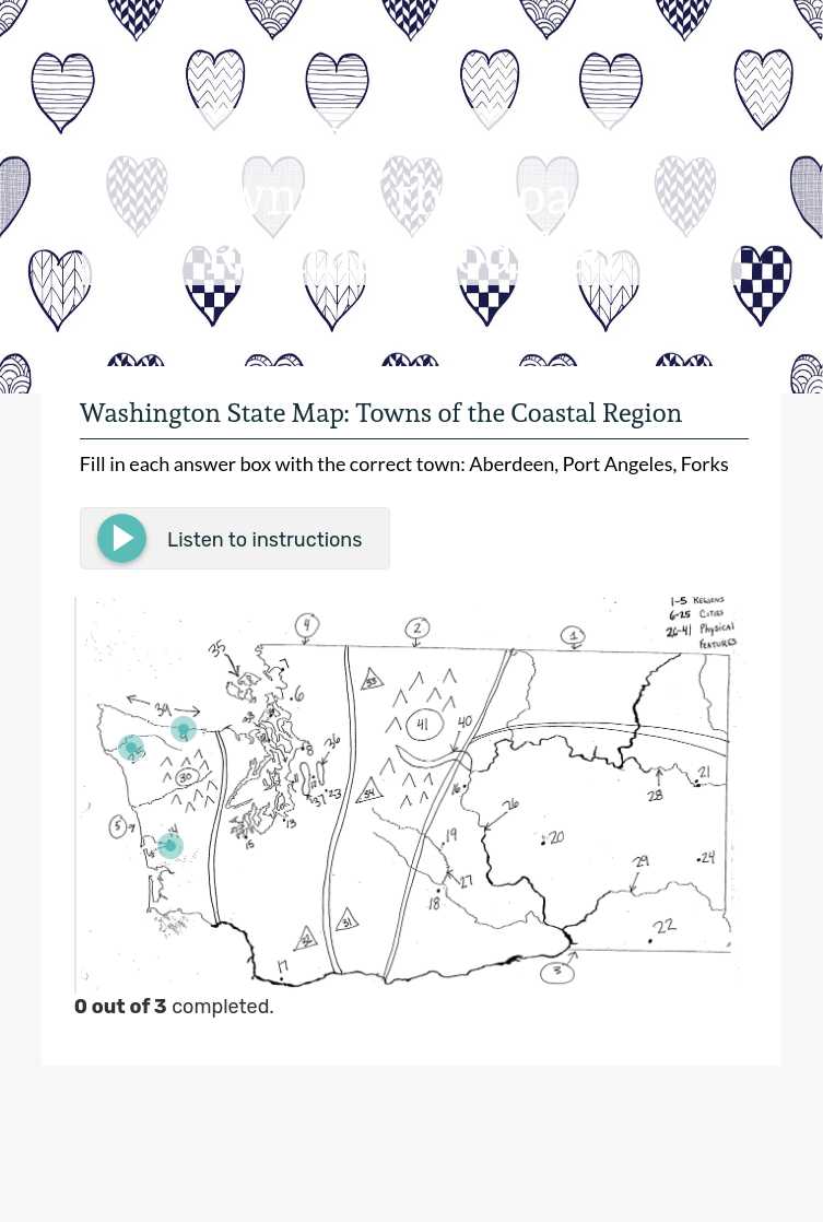Washington State map: Towns of the Coastal Region - modified worksheet preview image