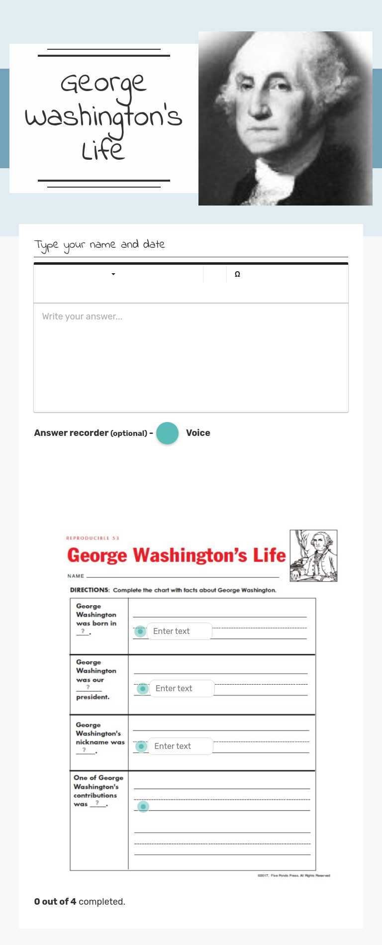 George Washington's Life worksheet preview image