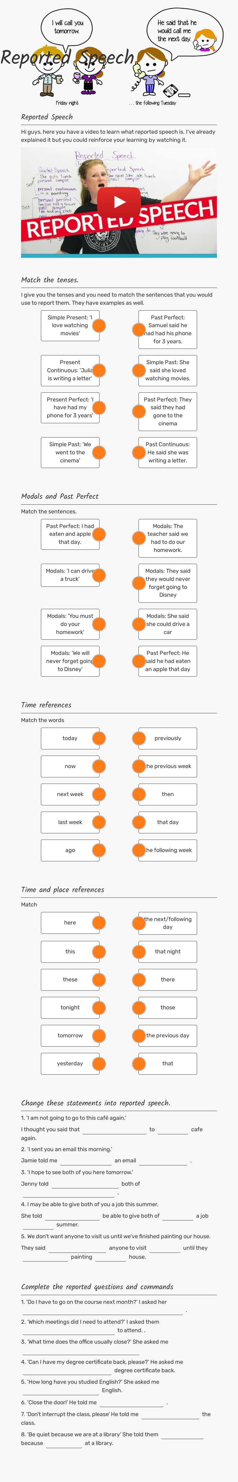 Reported Speech Grade 10 worksheet preview