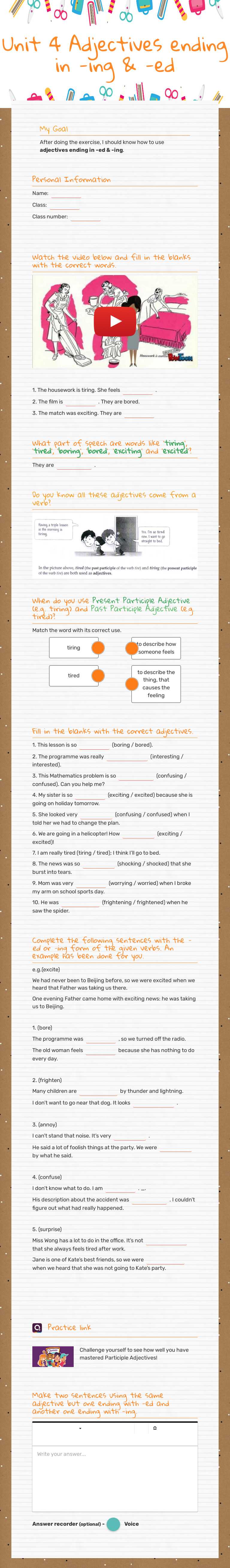 Unit 4 Adjectives ending in -ing  & -ed worksheet preview image