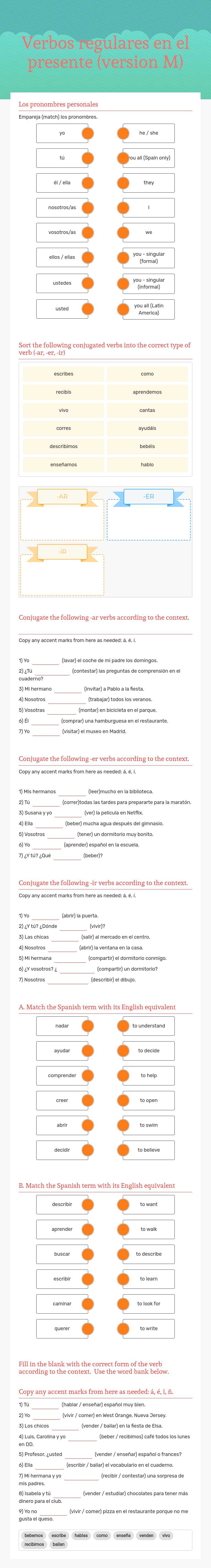 Verbos regulares en el presente (version M) worksheet preview image