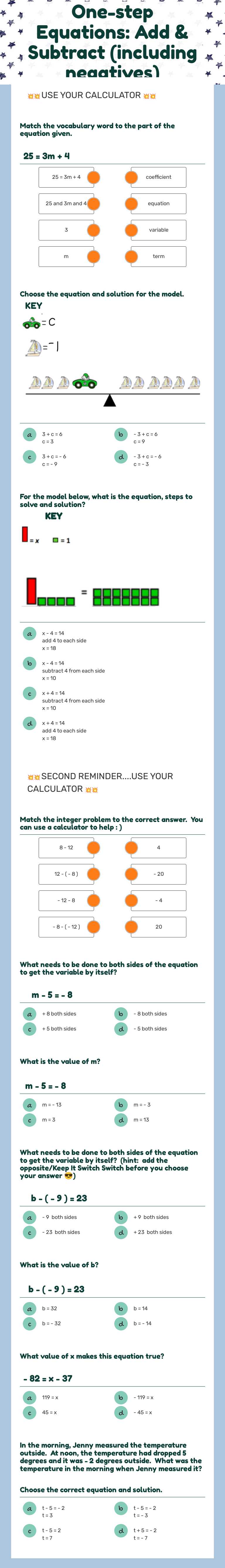 One-step Equations:  Add & Subtract (including negatives) worksheet preview image