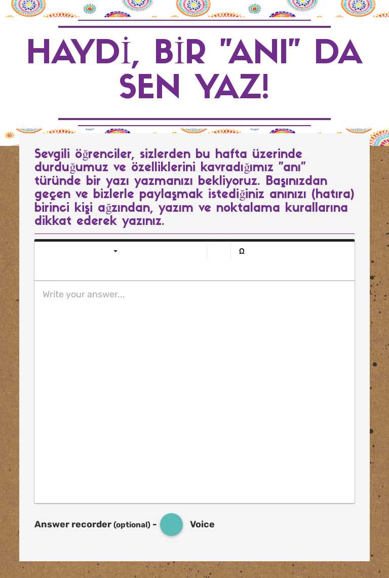 HAYDİ, BİR "ANI" DA SEN YAZ! Grade 6 worksheet preview