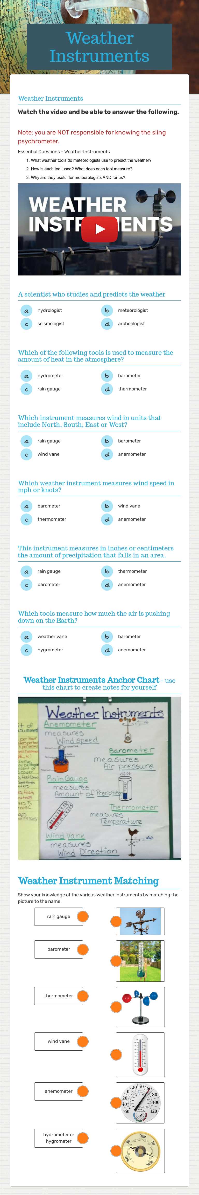 Weather Instruments Grade 2 worksheet preview