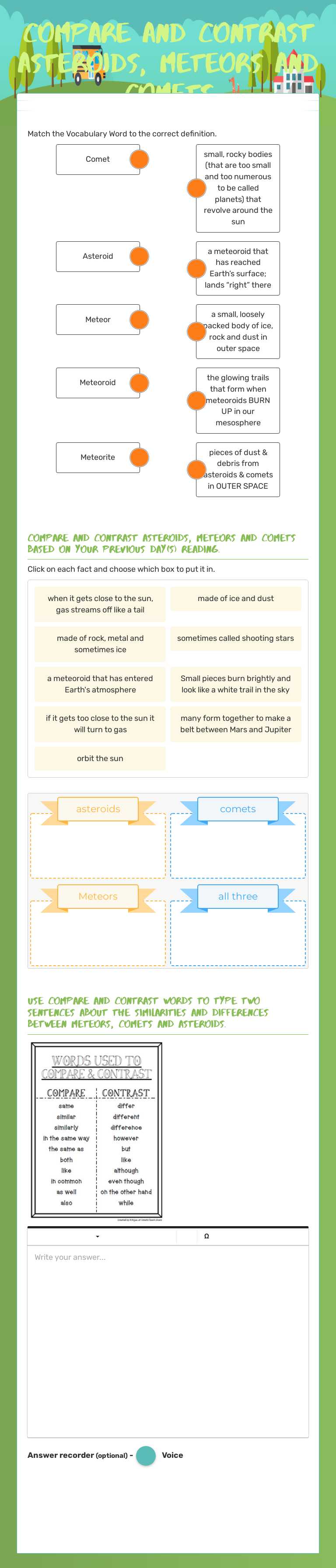 Compare and contrast Asteroids, meteors and comets Grade 3 worksheet preview