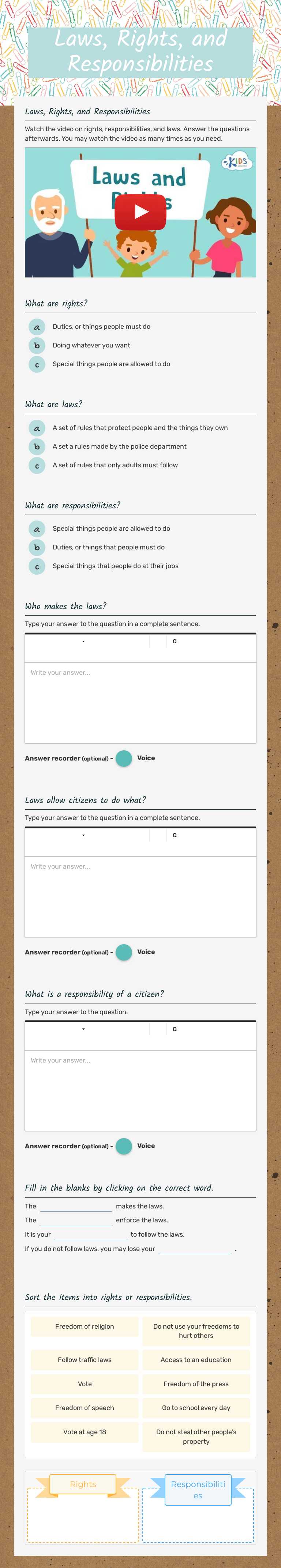 Laws, Rights, and Responsibilities worksheet preview image