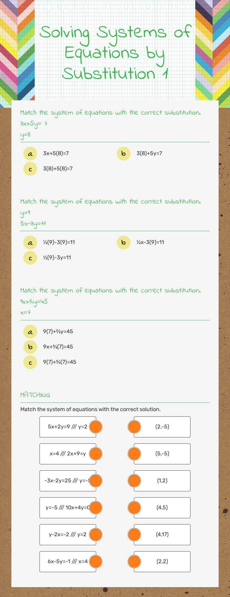 Solving Systems of Equations by Substitution 1 worksheet preview image