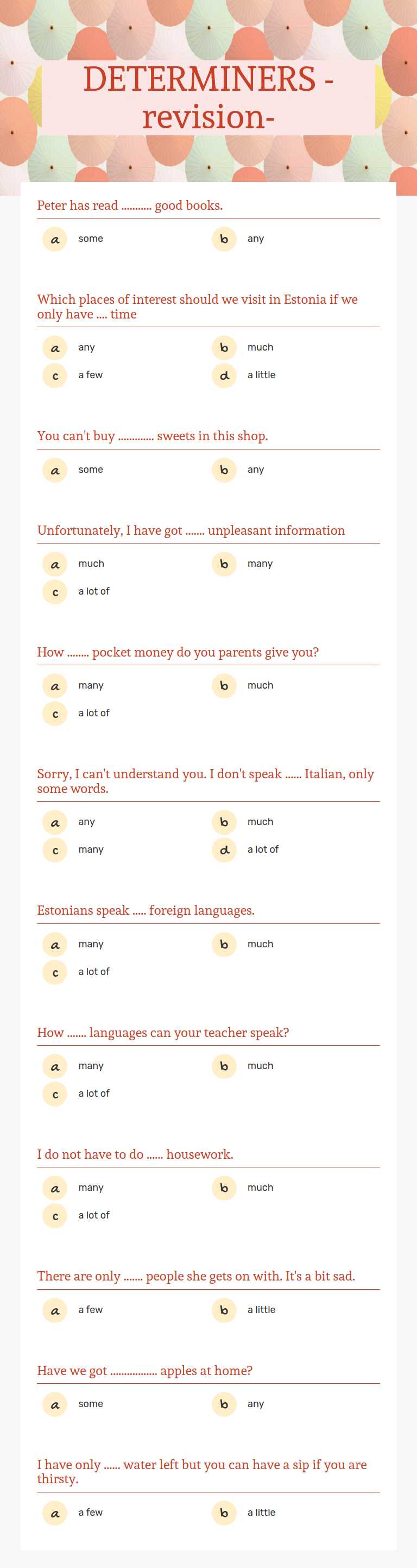 DETERMINERS 
-revision- worksheet preview image