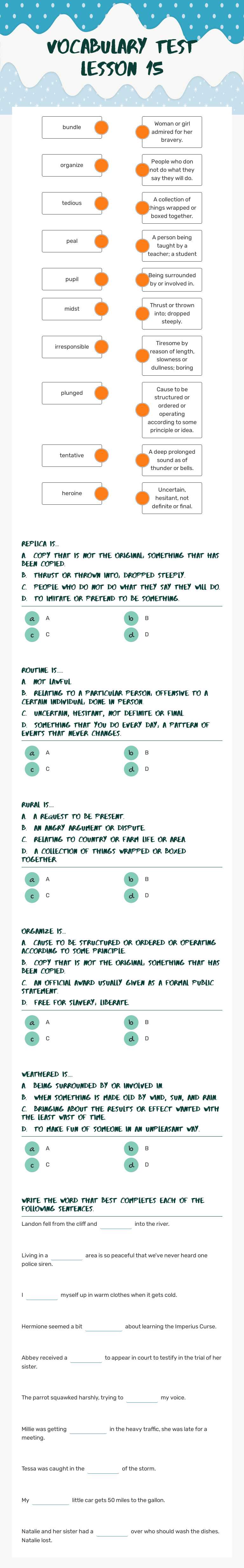 Vocabulary Test Lesson 15 worksheet preview image