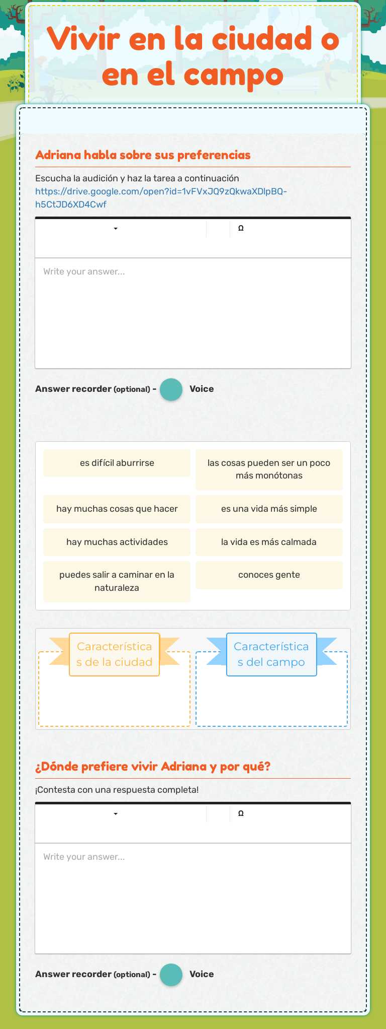 Vivir en la ciudad o en el campo Grade 7 worksheet preview