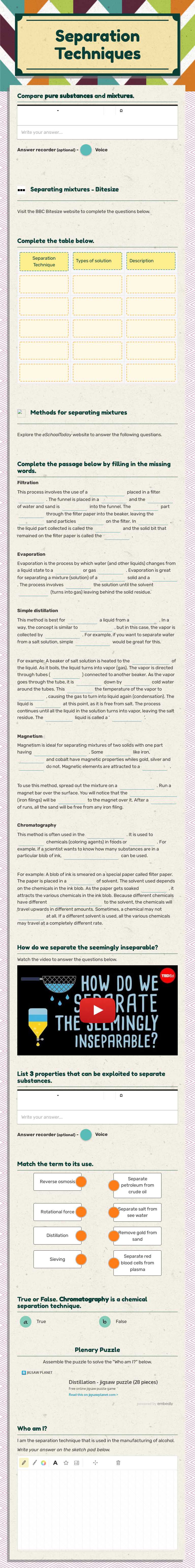 Separation Techniques worksheet preview image