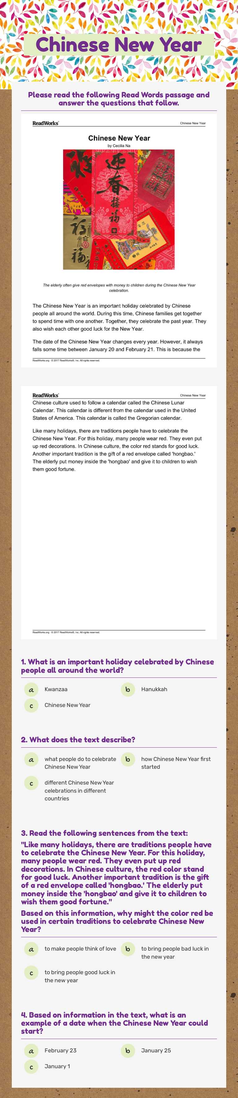 Chinese New Year Grade 2 worksheet preview