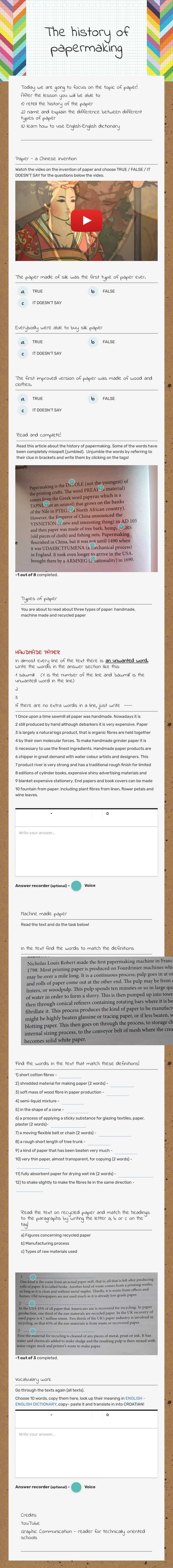 The history of papermaking Grade 11 worksheet preview