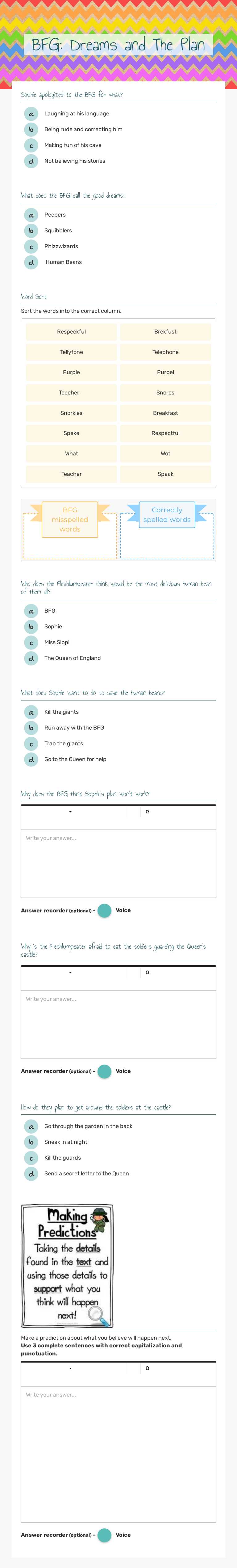 BFG: Dreams and The Plan worksheet preview image