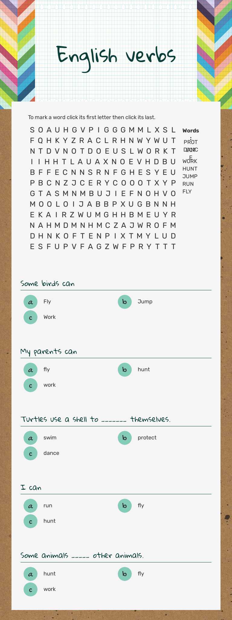English verbs worksheet preview image