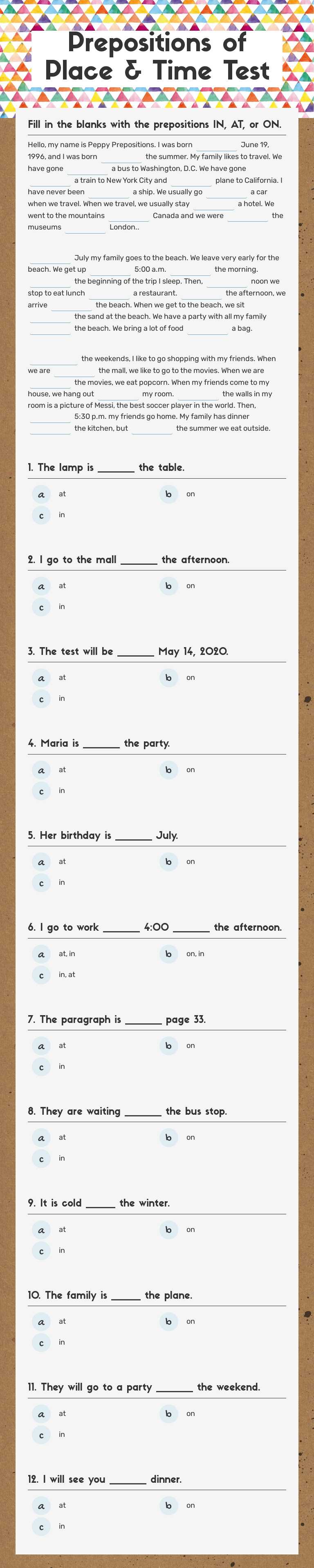 Prepositions of Place & Time Test worksheet preview image