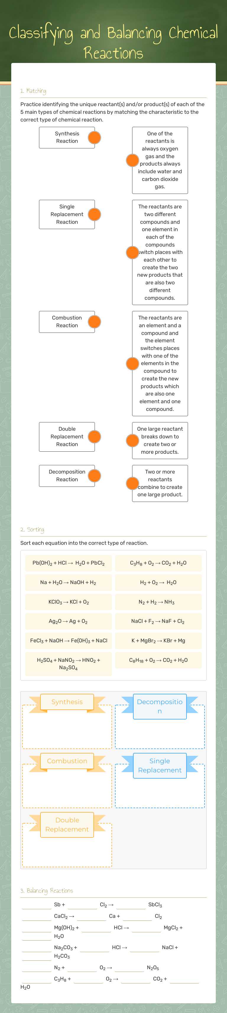 Classifying and Balancing Chemical Reactions worksheet preview image