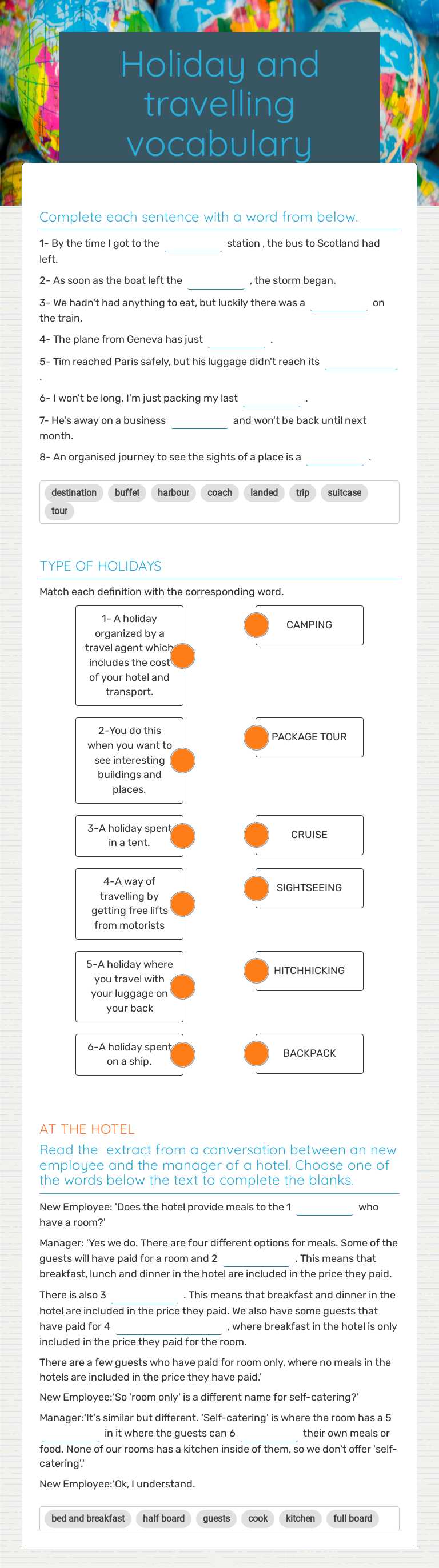 Holiday and travelling vocabulary Grade 7 worksheet preview