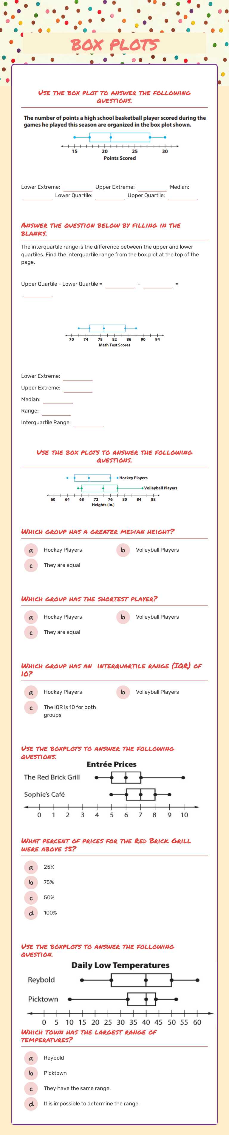 box plots worksheet preview image