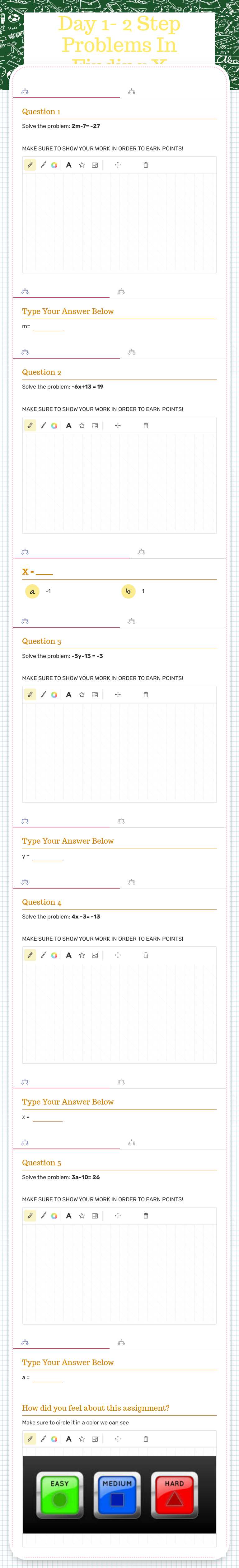 Day 1-                           
  2 Step Problems In Finding X worksheet preview image