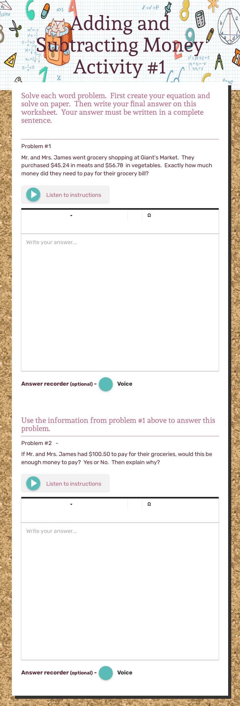 Adding and Subtracting Money Activity #1 worksheet preview image