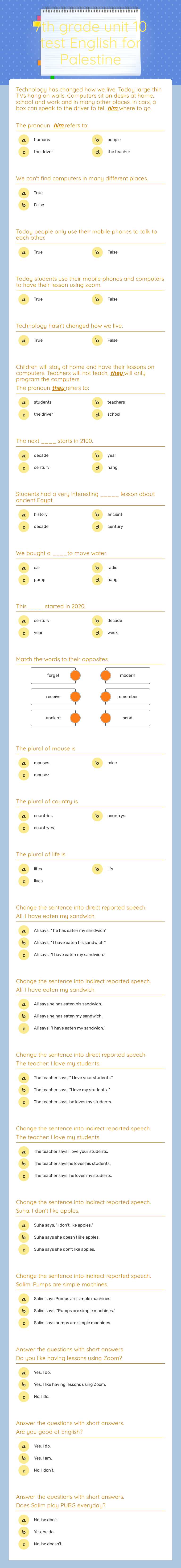 7th grade unit 10 test English for Palestine Grade 7 worksheet preview