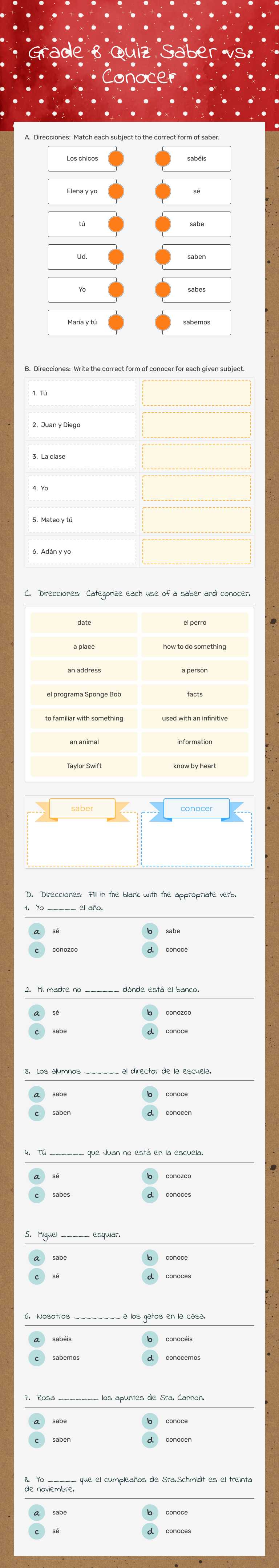 Grade 8 Quiz Saber vs. Conocer Grade 8 worksheet preview