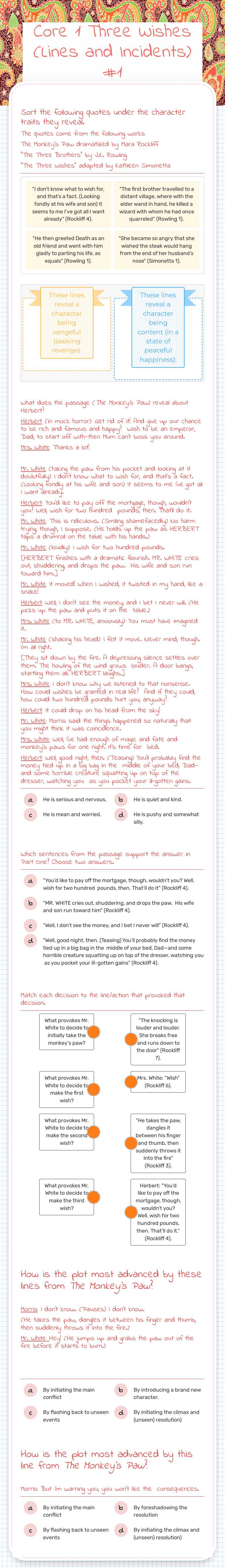 Core 1 Three Wishes (Lines and Incidents) #1 Grade 8 worksheet preview