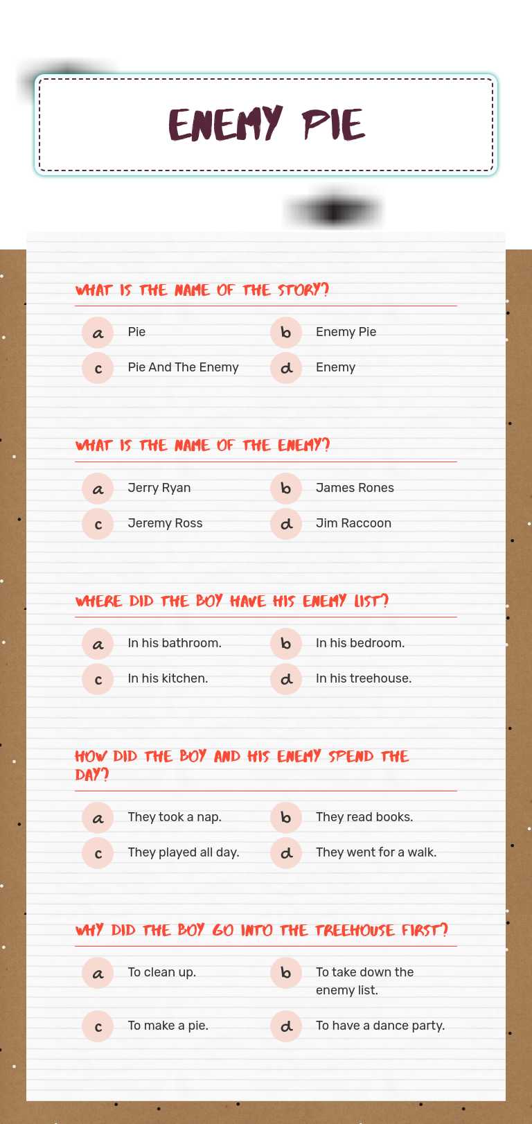 Enemy Pie worksheet preview image