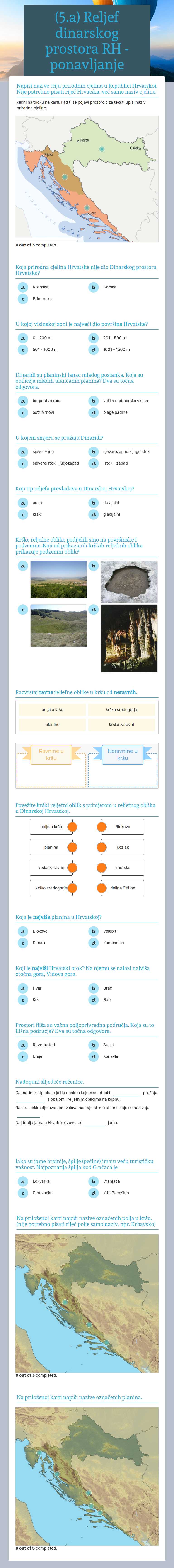 (5.a) Reljef dinarskog prostora RH - ponavljanje Grade 5 worksheet preview