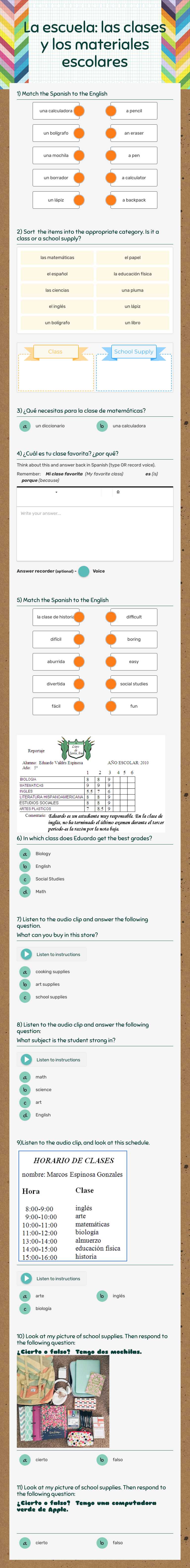La escuela: las clases y los materiales escolares worksheet preview image
