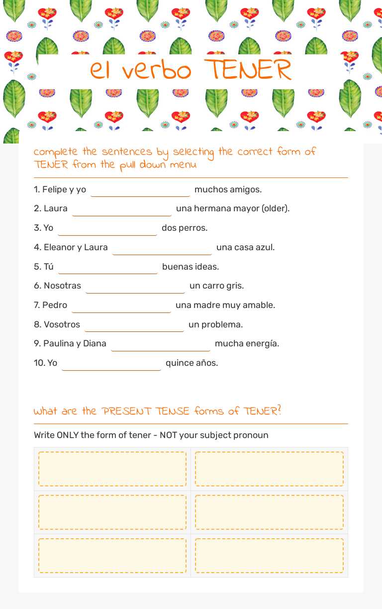 el verbo TENER worksheet preview image
