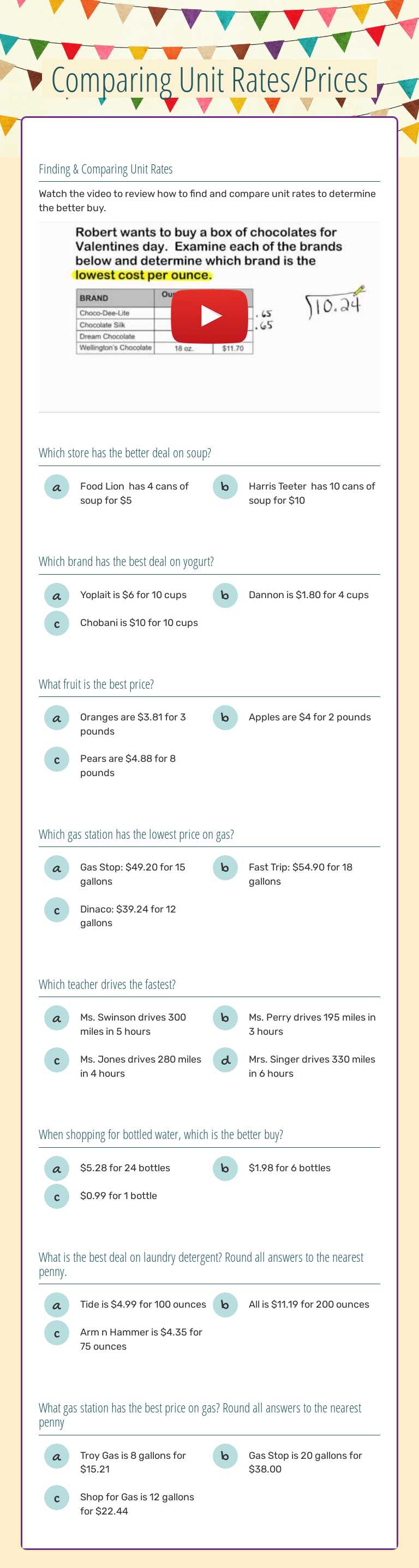 Comparing Unit Rates/Prices Grade 10 worksheet preview