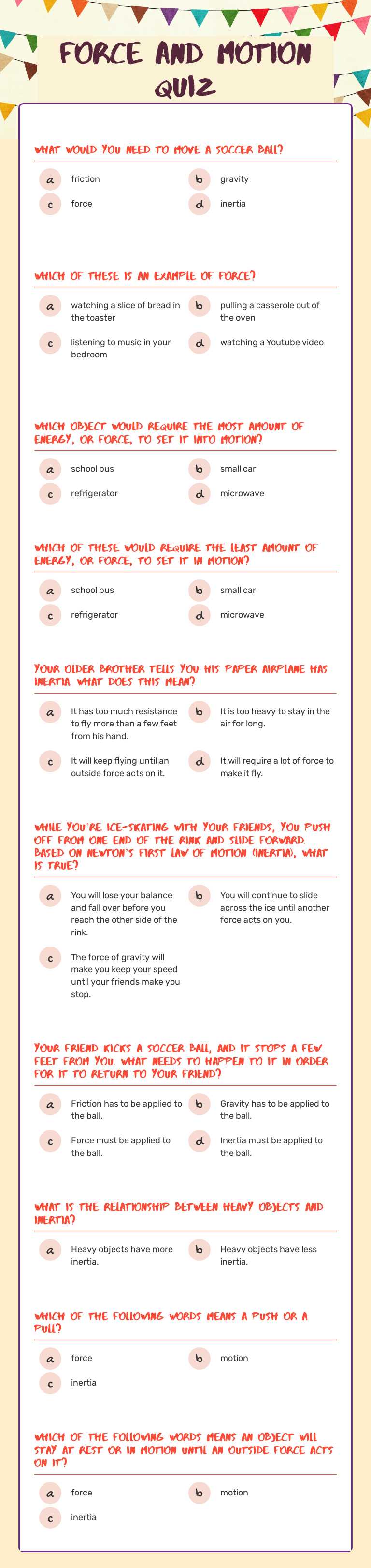 Force and motion quiz worksheet preview image