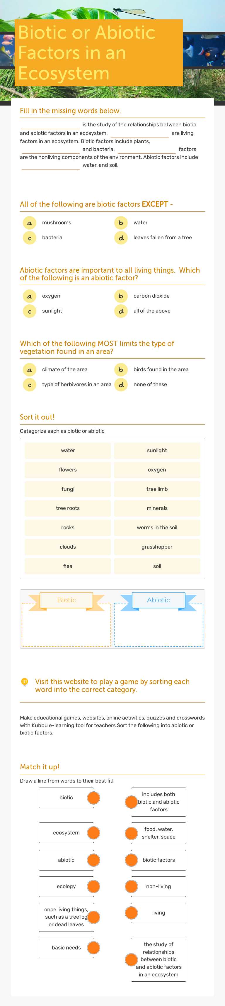 Biotic or Abiotic Factors in an Ecosystem worksheet preview image