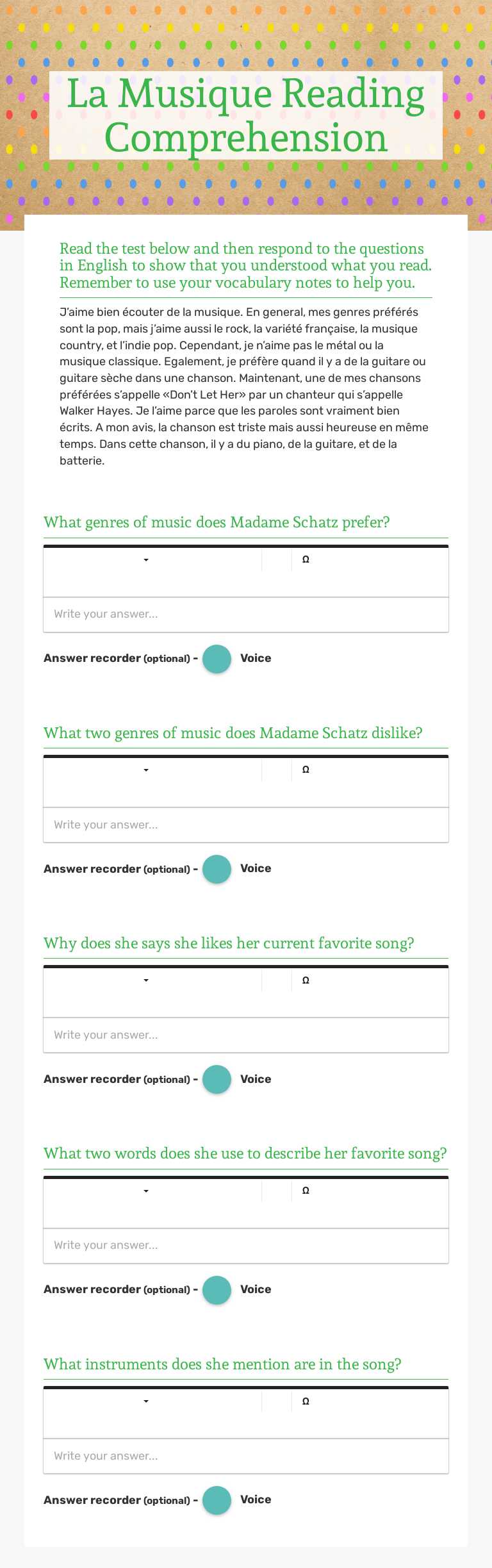 La Musique Reading Comprehension worksheet preview image