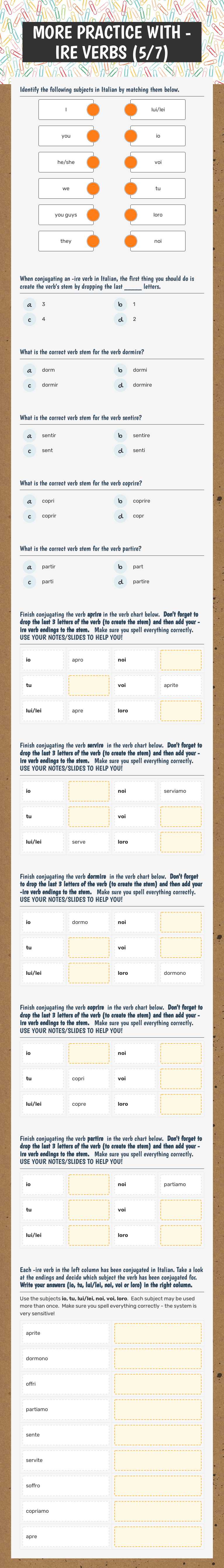 MORE PRACTICE WITH -IRE VERBS (5/7) Grade 7 worksheet preview